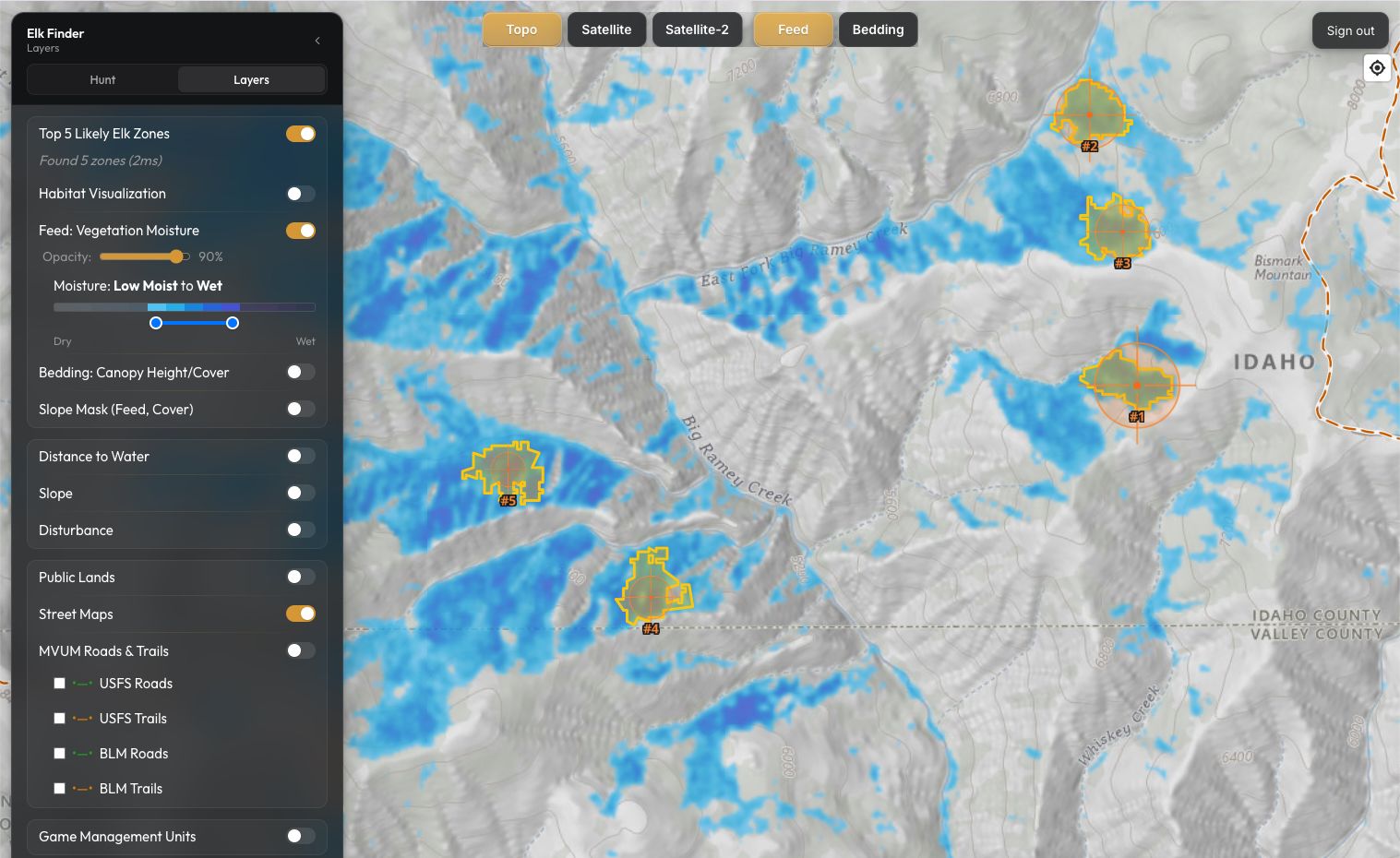 Elk Finder feed layer showing satellite vegetation moisture across an Idaho topo map