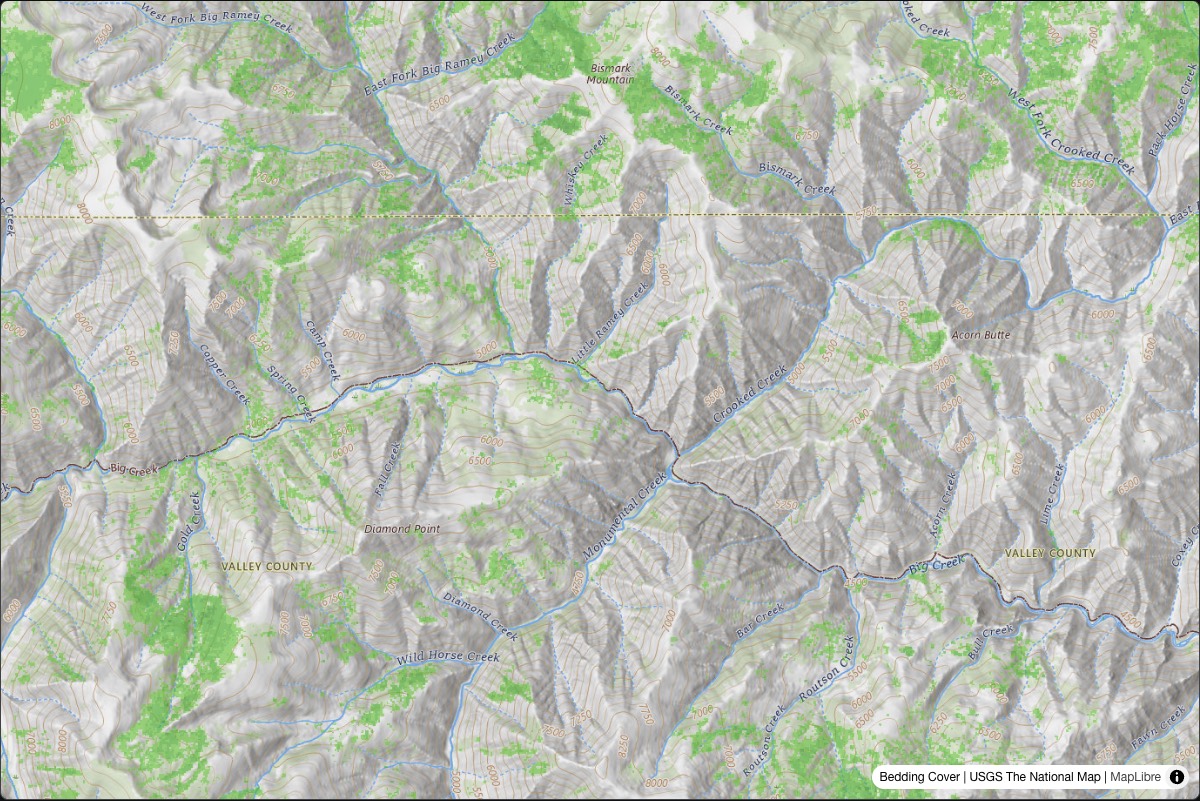 Elk Finder bedding layer highlighting timber and vegetation cover over Idaho backcountry