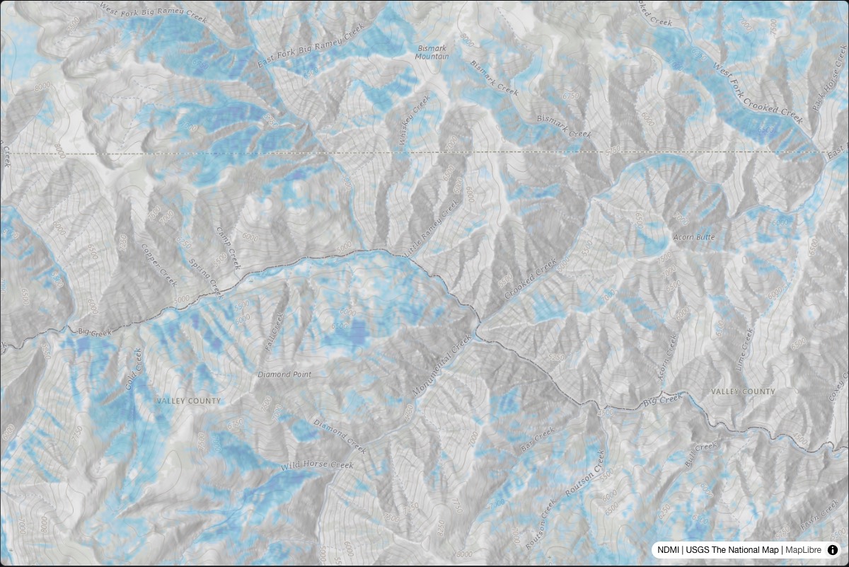 Elk Finder feed layer showing satellite vegetation moisture over Idaho backcountry