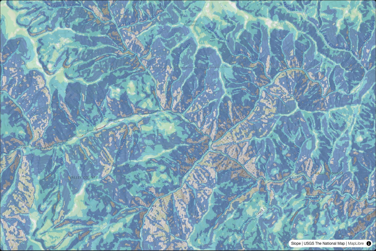 Elk Finder slope layer showing terrain steepness bands over Idaho backcountry