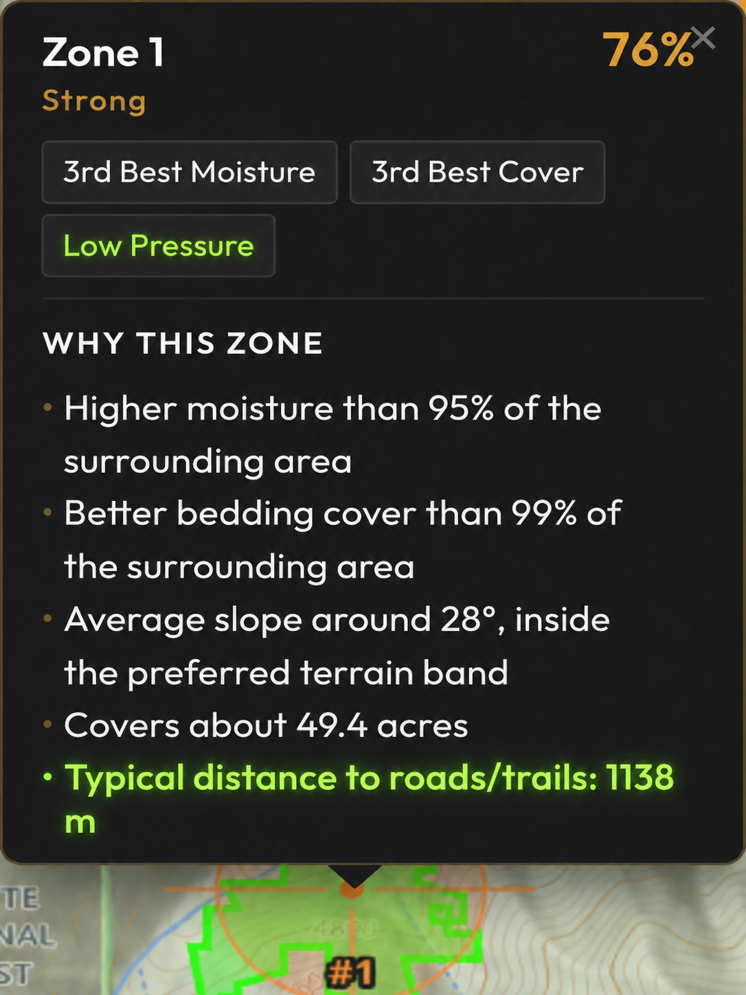 Elk Finder zone card showing a low pressure rating and typical distance to roads and trails